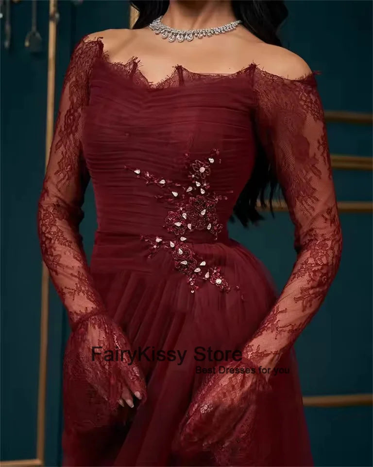 FairyKissy Burgundy Lace Evening Dress