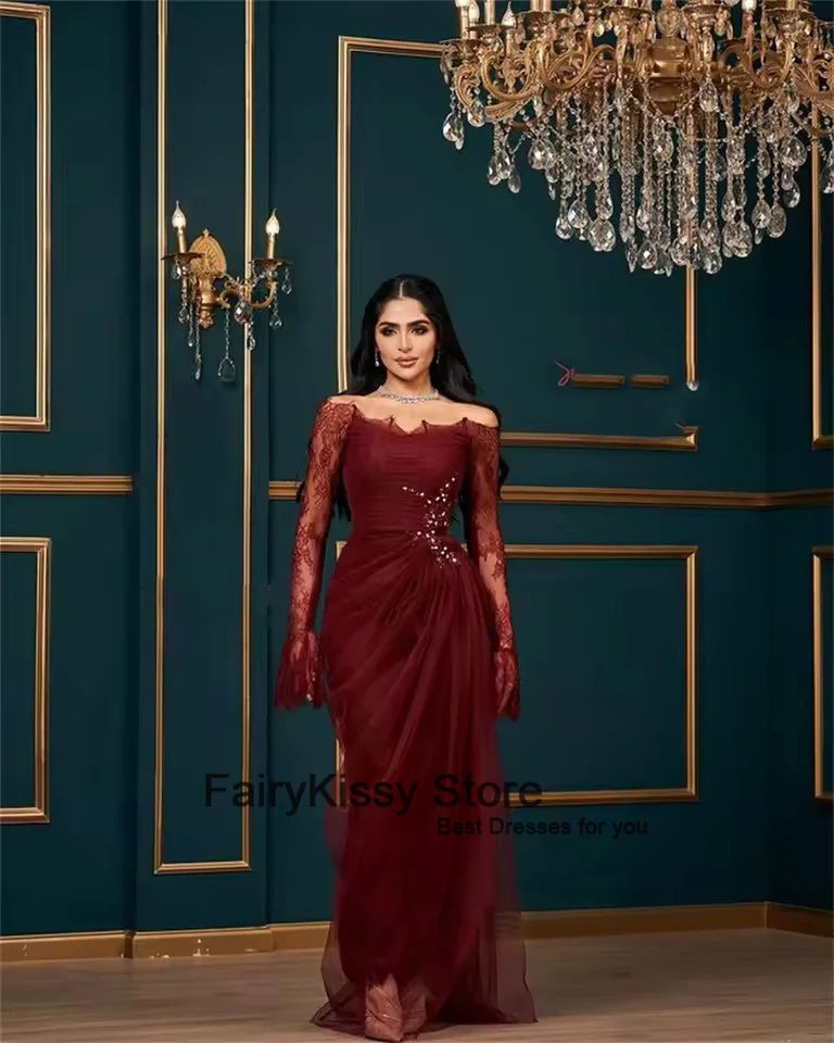 FairyKissy Burgundy Lace Evening Dress