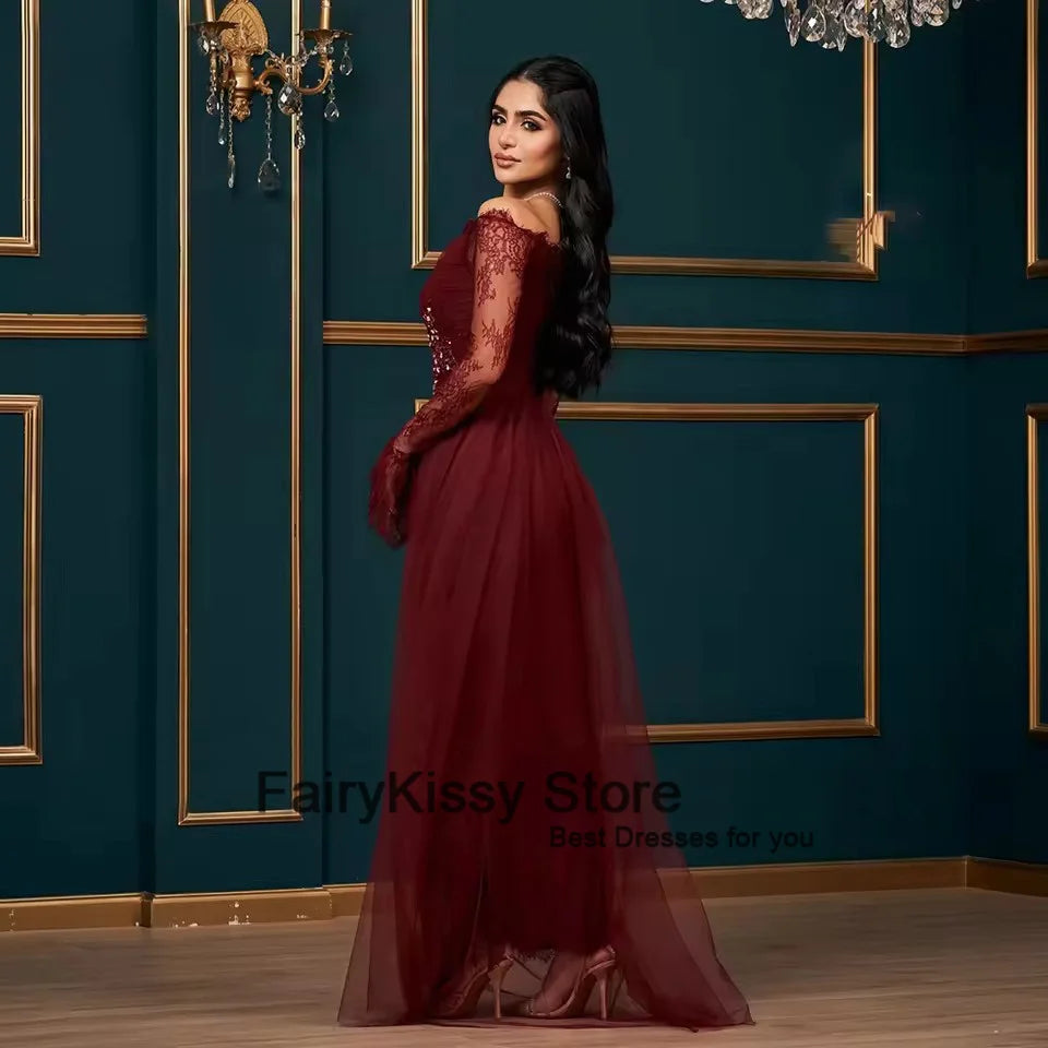 FairyKissy Burgundy Lace Evening Dress