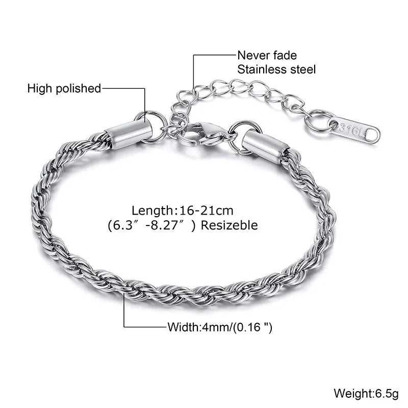Unisex Vnox Rope Chain Bracelet