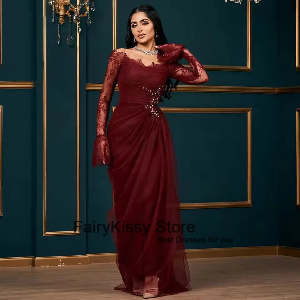 FairyKissy Burgundy Lace Evening Dress