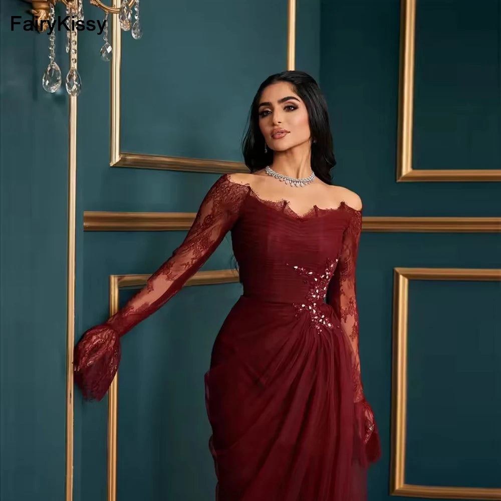 FairyKissy Burgundy Lace Evening Dress